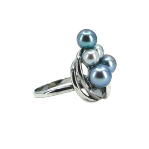 Cluster Leaf Blue Japanese Saltwater Akoya Cultured Pearl Vintage Ring- Sterling Silver Adjustable