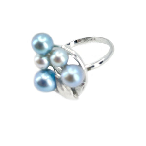Cluster Leaf Blue Japanese Saltwater Akoya Cultured Pearl Vintage Ring- Sterling Silver Adjustable