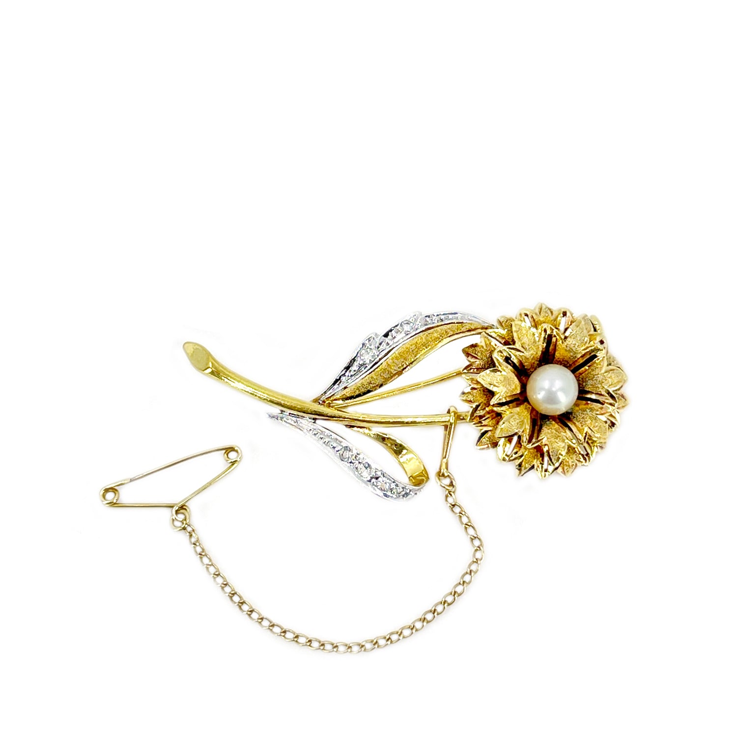 Two Tone Retro Vintage Japanese Cultured Saltwater Akoya Pearl Flower Brooch- Sterling Silver Gold Plate