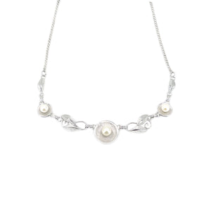 Van Dell Boho Leaf Japanese Cultured Akoya Pearl Pendant Chain Choker- Sterling Silver 15.50 Inch