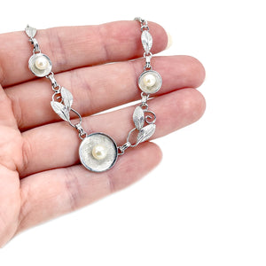 Van Dell Boho Leaf Japanese Cultured Akoya Pearl Pendant Chain Choker- Sterling Silver 15.50 Inch