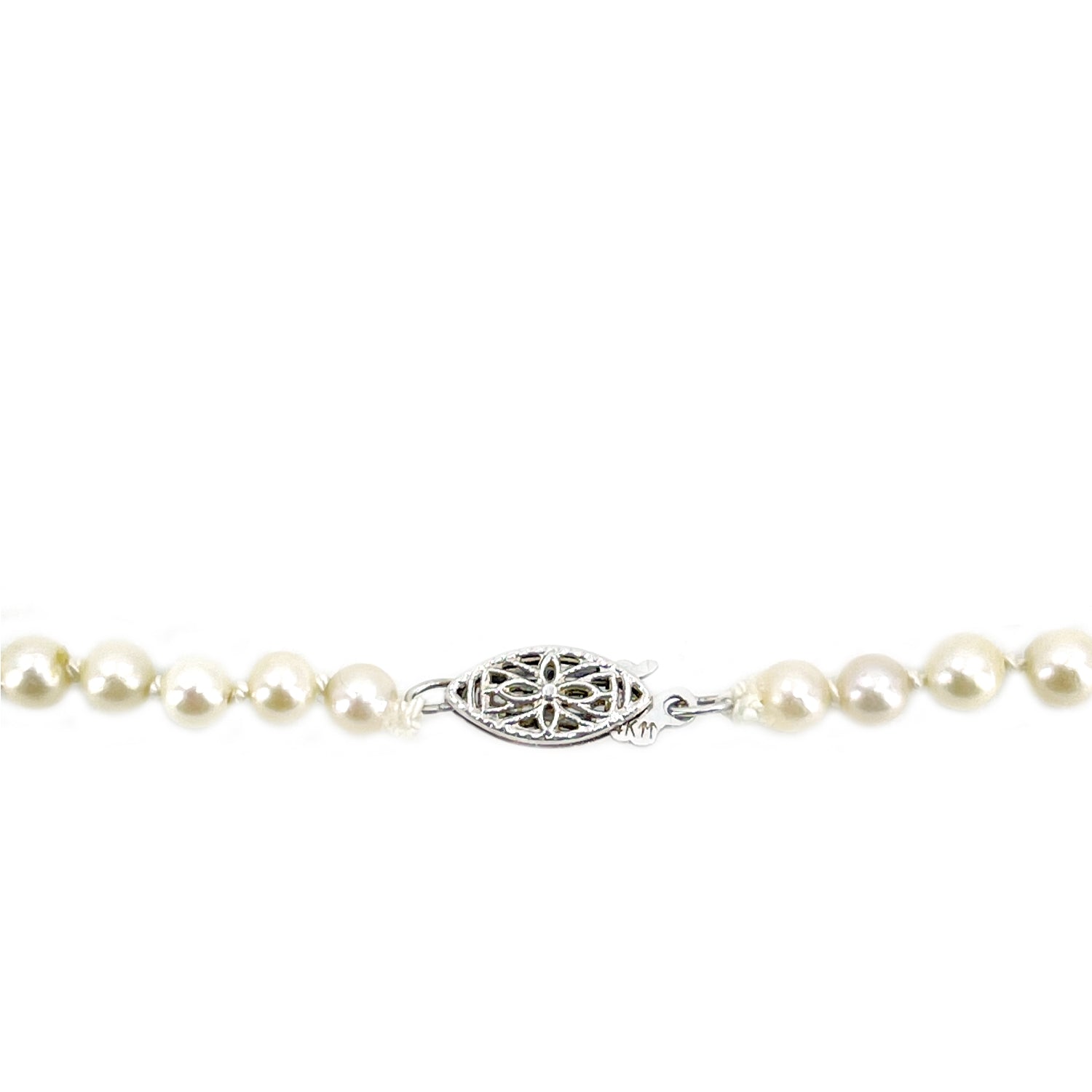 Vintage Filigree Mid-Century Cultured Akoya Pearl Necklace Strand - 14K White Gold 20.75 Inch