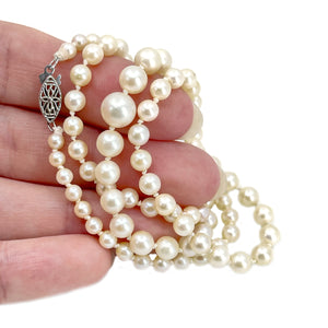 Vintage Filigree Mid-Century Cultured Akoya Pearl Necklace Strand - 14K White Gold 20.75 Inch