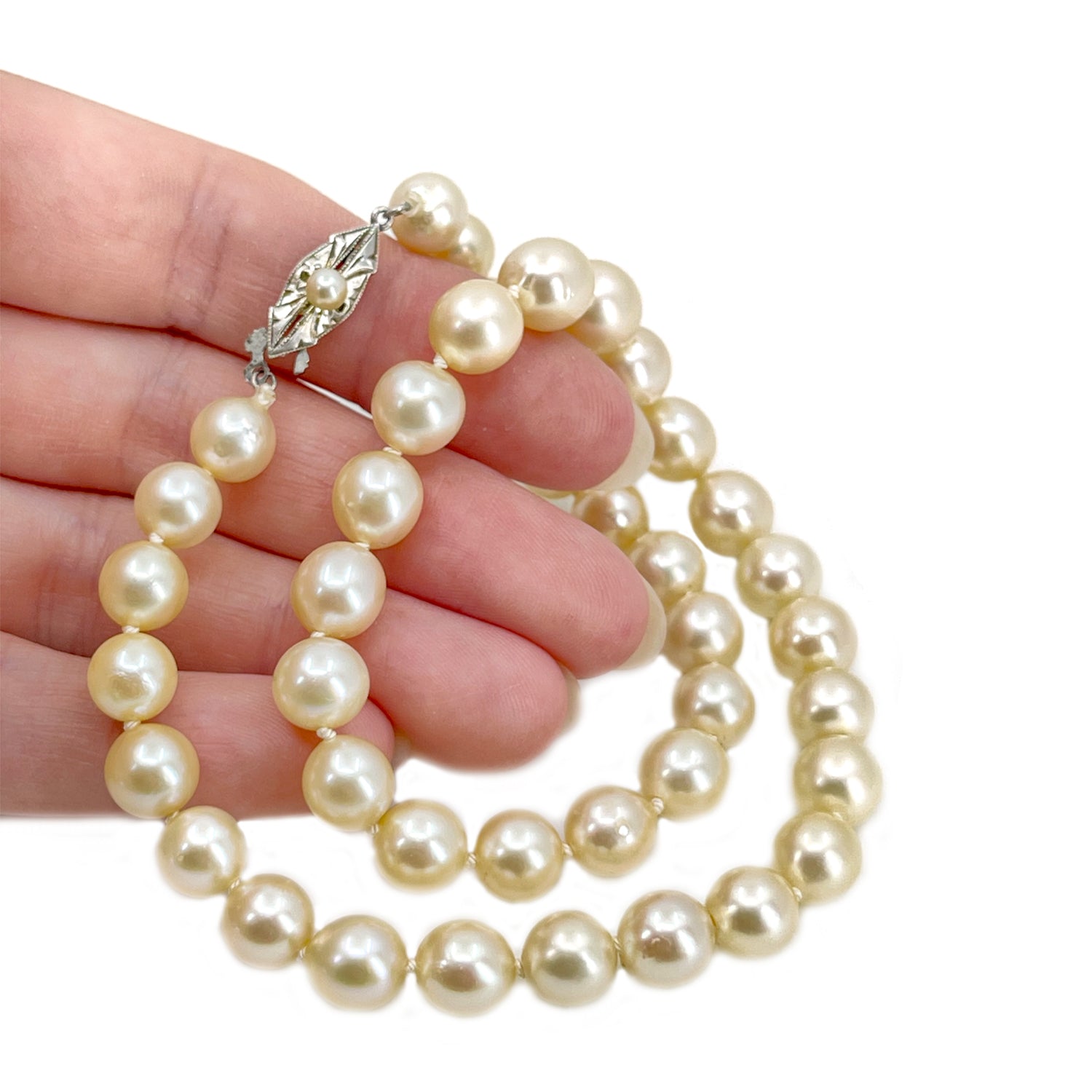 Large 8MM Deco Vintage Japanese Saltwater Cultured Akoya Pearl Necklace Strand - Sterling Silver 15 Inch