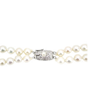 Retro Engraved Double Strand Baroque Japanese Cultured Akoya Pearl Vintage Necklace -Sterling Silver 20.50 & 22.50 Inch