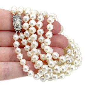 Retro Engraved Double Strand Baroque Japanese Cultured Akoya Pearl Vintage Necklace -Sterling Silver 20.50 & 22.50 Inch