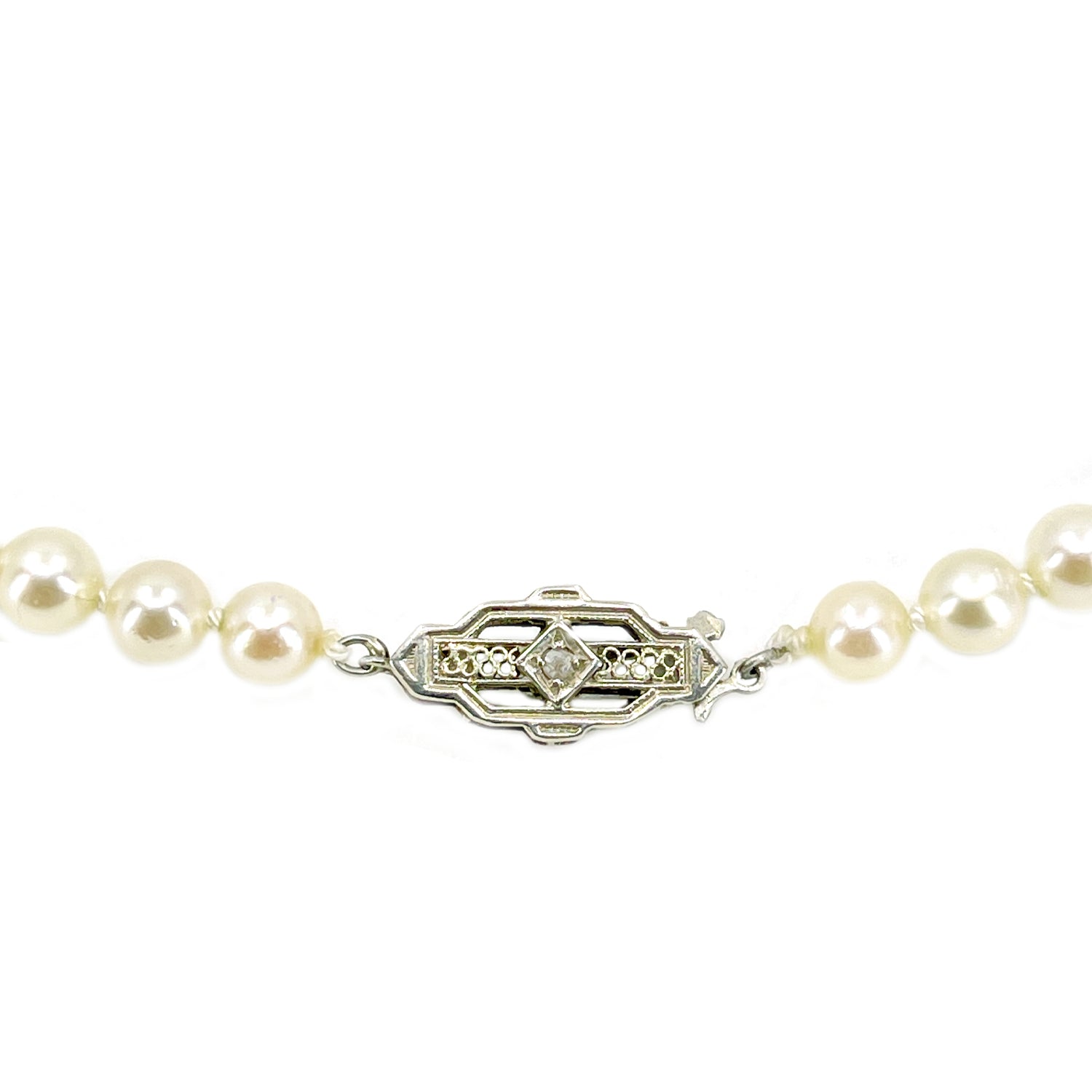 Art Deco High Quality Diamond Graduated Japanese Saltwater Cultured Akoya Pearl Strand - 14K White Gold 17 Inch