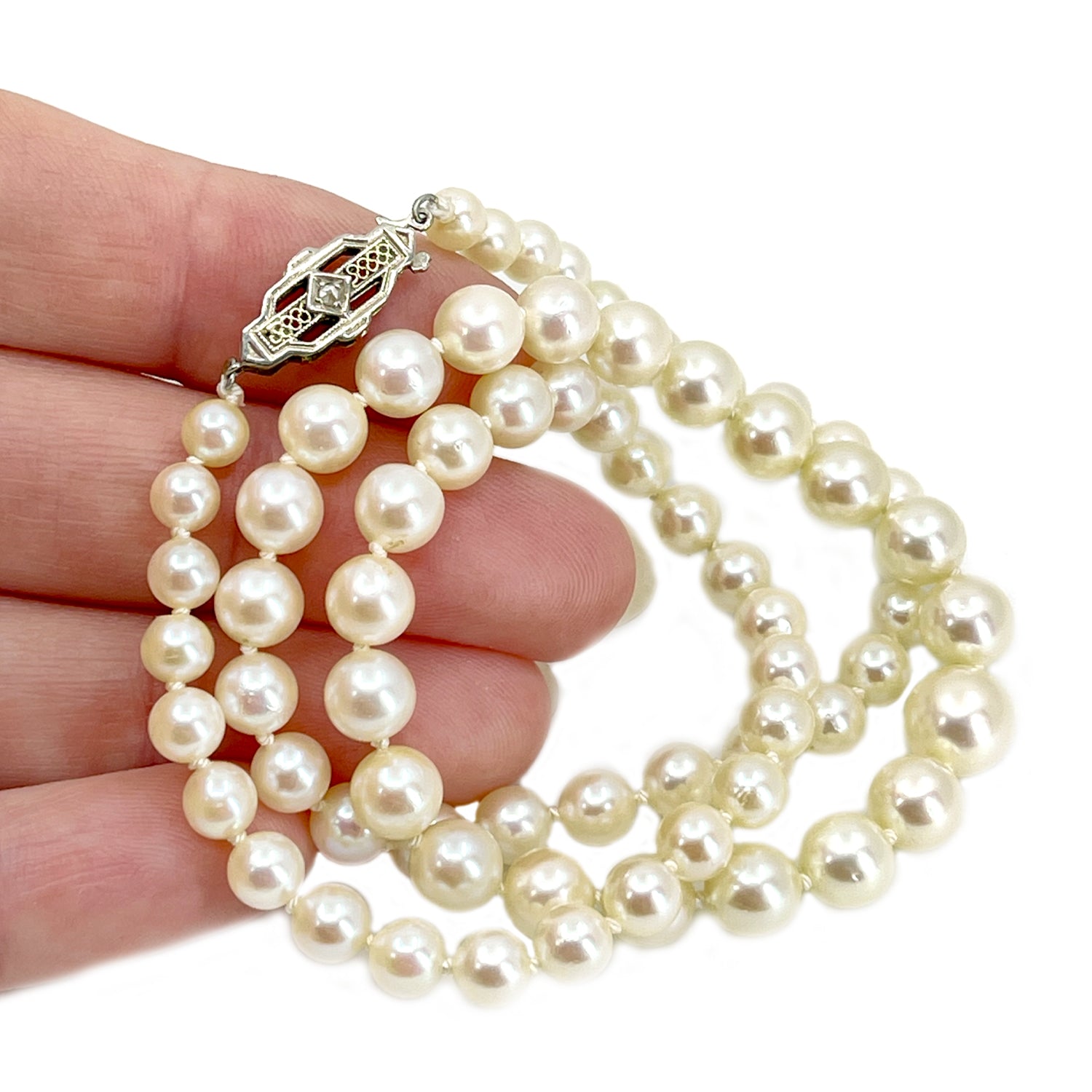 Art Deco High Quality Diamond Graduated Japanese Saltwater Cultured Akoya Pearl Strand - 14K White Gold 17 Inch