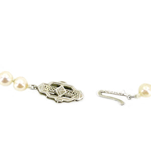 Art Deco High Quality Diamond Graduated Japanese Saltwater Cultured Akoya Pearl Strand - 14K White Gold 17 Inch