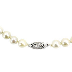 Vintage Floral Filigree Japanese Saltwater Cultured Akoya Pearl Strand - 14K White Gold 16.50 Inch