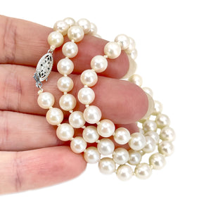 Vintage Floral Filigree Japanese Saltwater Cultured Akoya Pearl Strand - 14K White Gold 16.50 Inch