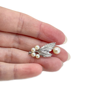 Vintage Petite Leaf Japanese Saltwater Akoya Cultured Pearl Brooch- Sterling Silver