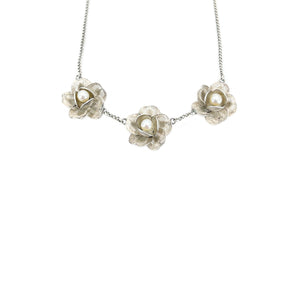 Filigree Spun Silver Japanese Cultured Akoya Pearl Flower Necklace- Sterling Silver 16 Inch