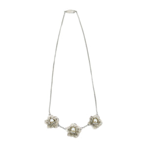 Filigree Spun Silver Japanese Cultured Akoya Pearl Flower Necklace- Sterling Silver 16 Inch