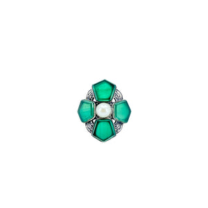 Chrysoprase Tablet Retro Japanese Saltwater Akoya Cultured Pearl Vintage Ring- Sterling Silver Sz 6 1/4