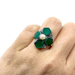 Chrysoprase Tablet Retro Japanese Saltwater Akoya Cultured Pearl Vintage Ring- Sterling Silver Sz 6 1/4