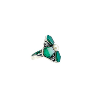 Chrysoprase Tablet Retro Japanese Saltwater Akoya Cultured Pearl Vintage Ring- Sterling Silver Sz 6 1/4