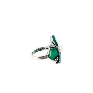 Chrysoprase Tablet Retro Japanese Saltwater Akoya Cultured Pearl Vintage Ring- Sterling Silver Sz 6 1/4