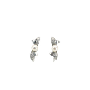 Deco Engraved Ribbon Akoya Saltwater Cultured Pearl Screwback Earrings- Sterling Silver