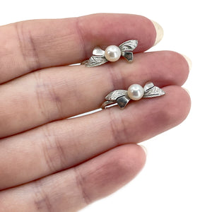 Deco Engraved Ribbon Akoya Saltwater Cultured Pearl Screwback Earrings- Sterling Silver