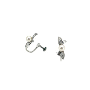 Deco Engraved Ribbon Akoya Saltwater Cultured Pearl Screwback Earrings- Sterling Silver