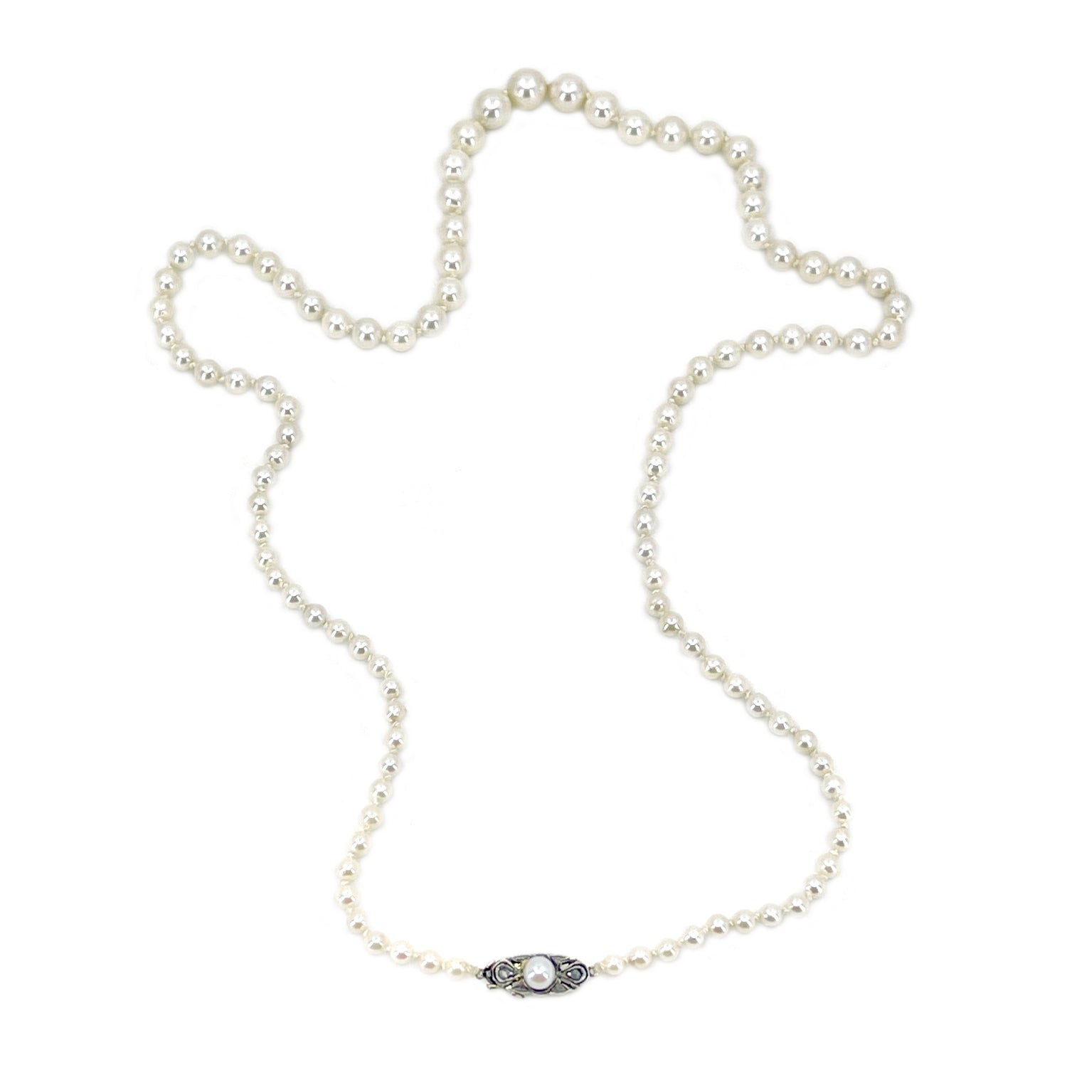 Antique Rough Diamond Graduated Japanese Saltwater Cultured Akoya Pearl Necklace - 18K Yellow Gold Sterling Silver 21.50 Inch