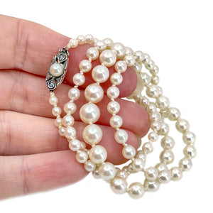 Antique Rough Diamond Graduated Japanese Saltwater Cultured Akoya Pearl Necklace - 18K Yellow Gold Sterling Silver 21.50 Inch