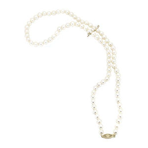 Mid Century Modern Japanese Cultured Saltwater Akoya Pearl Necklace & Shortener Pin- 14K Yellow Gold 24.50 Inch