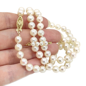 Mid Century Modern Japanese Cultured Saltwater Akoya Pearl Necklace & Shortener Pin- 14K Yellow Gold 24.50 Inch