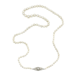 Art Deco Graduated Japanese Saltwater Cultured Akoya Pearl Vintage Necklace - Sterling Silver 21.25 Inch