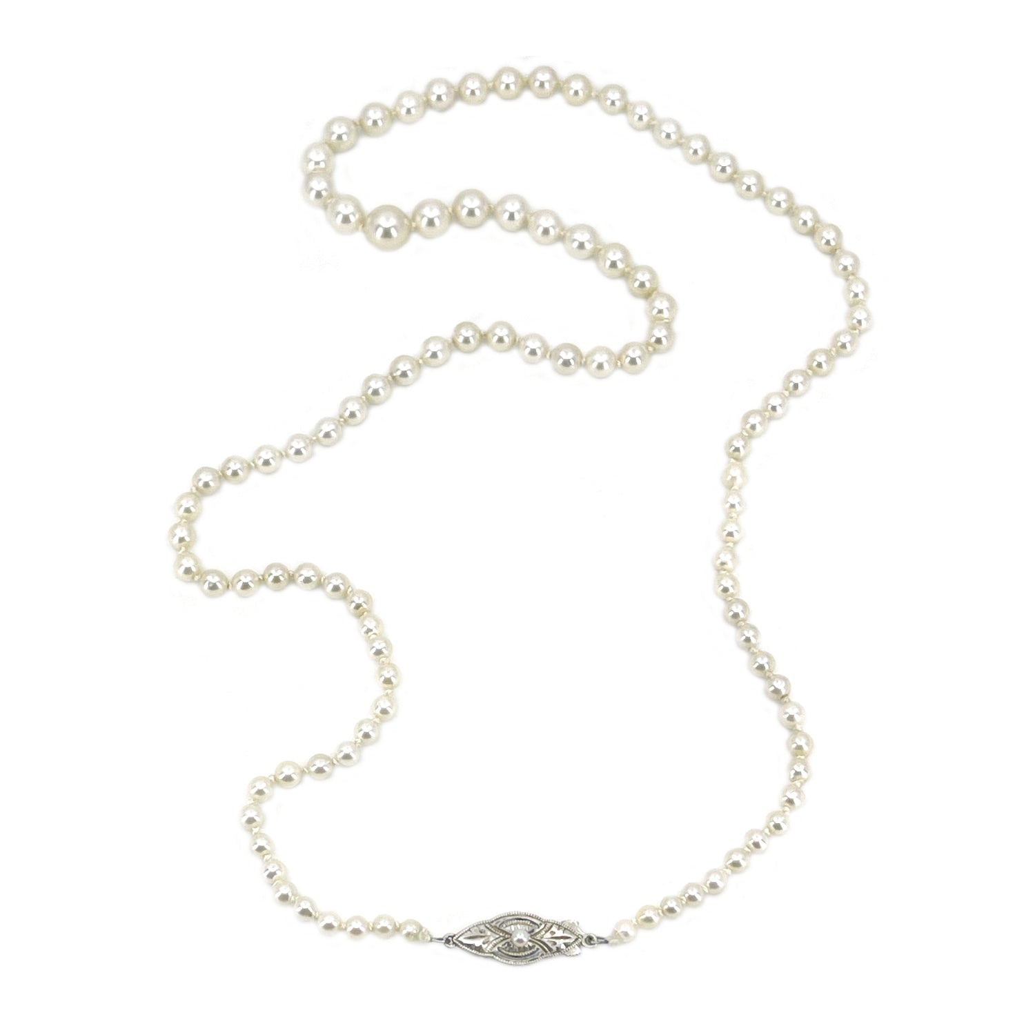 Art Deco Graduated Japanese Saltwater Cultured Akoya Pearl Vintage Necklace - Sterling Silver 21.25 Inch