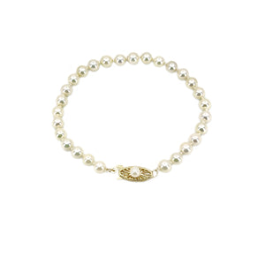 Mid Century Filigree Petite Japanese Saltwater Akoya Cultured Pearl Bracelet- 14K Yellow Gold
