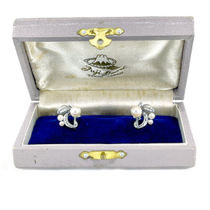 Vintage Fuji Pearl Designer Akoya Saltwater Cultured Pearl Screwback Engraved Earrings Original Box- Sterling Silver