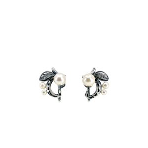Vintage Fuji Pearl Designer Akoya Saltwater Cultured Pearl Screwback Engraved Earrings Original Box- Sterling Silver