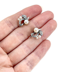 Vintage Fuji Pearl Designer Akoya Saltwater Cultured Pearl Screwback Engraved Earrings Original Box- Sterling Silver