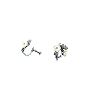 Vintage Fuji Pearl Designer Akoya Saltwater Cultured Pearl Screwback Engraved Earrings Original Box- Sterling Silver