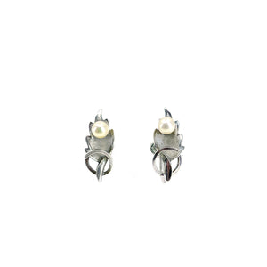 Vintage De Curtis Leaf Akoya Saltwater Cultured Pearl Screwback Earrings- Sterling Silver