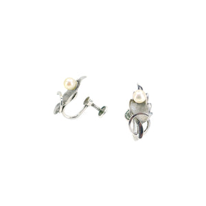 Vintage De Curtis Leaf Akoya Saltwater Cultured Pearl Screwback Earrings- Sterling Silver