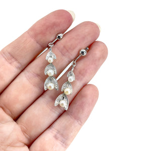 Dangle Milgrain Leaf Akoya Saltwater Cultured Pearl Vintage Screwback Earrings- Sterling Silver