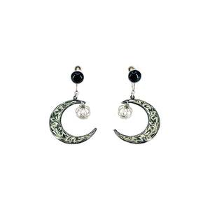 Amita Japan Black Enamel Akoya Saltwater Cultured Pearl Screwback Crescent Moon Earrings- Sterling Silver