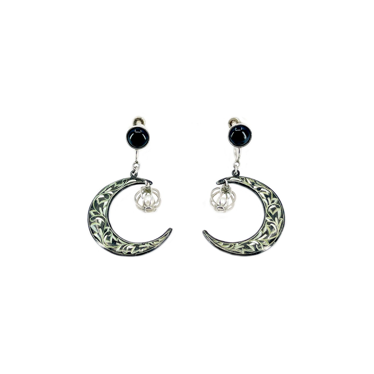 Amita Japan Black Enamel Akoya Saltwater Cultured Pearl Screwback Crescent Moon Earrings- Sterling Silver