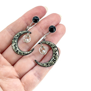Amita Japan Black Enamel Akoya Saltwater Cultured Pearl Screwback Crescent Moon Earrings- Sterling Silver