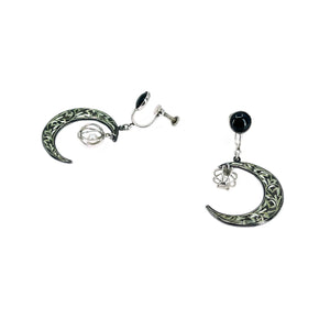 Amita Japan Black Enamel Akoya Saltwater Cultured Pearl Screwback Crescent Moon Earrings- Sterling Silver