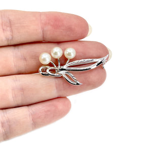 Triple Pearl Leaf Style Japanese Saltwater Akoya Vintage Cultured Pearl Vintage Brooch- Sterling Silver