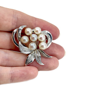 Mid Century Vintage Cluster Japanese Saltwater Akoya Vintage Cultured Pearl Brooch- Sterling Silver
