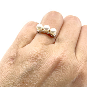 Mid-Century Triple Japanese Saltwater Akoya Cultured Pearl Vintage Ring- Sterling Silver Sz 6 1/4