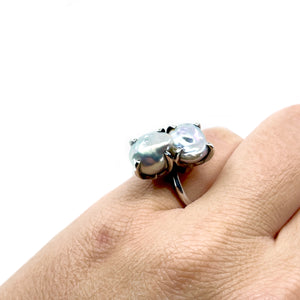 Gothic Bypass Baroque Blue Japanese Saltwater Akoya Cultured Pearl Vintage Ring- Sterling Silver Sz 5