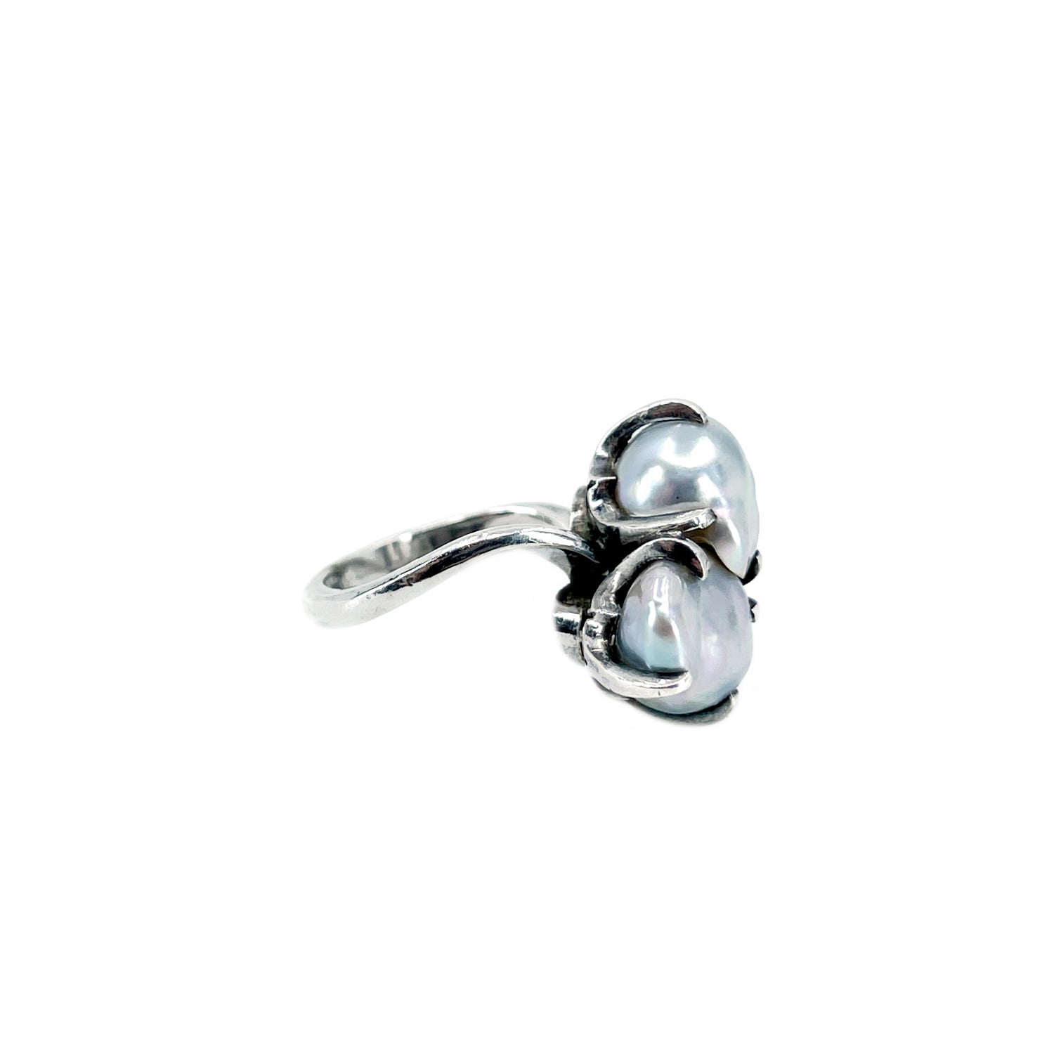 Gothic Bypass Baroque Blue Japanese Saltwater Akoya Cultured Pearl Vintage Ring- Sterling Silver Sz 5