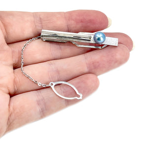 Mid-Century Blue Japanese Saltwater Akoya Cultured Pearl Modernist Vintage Tie Bar- Sterling Silver
