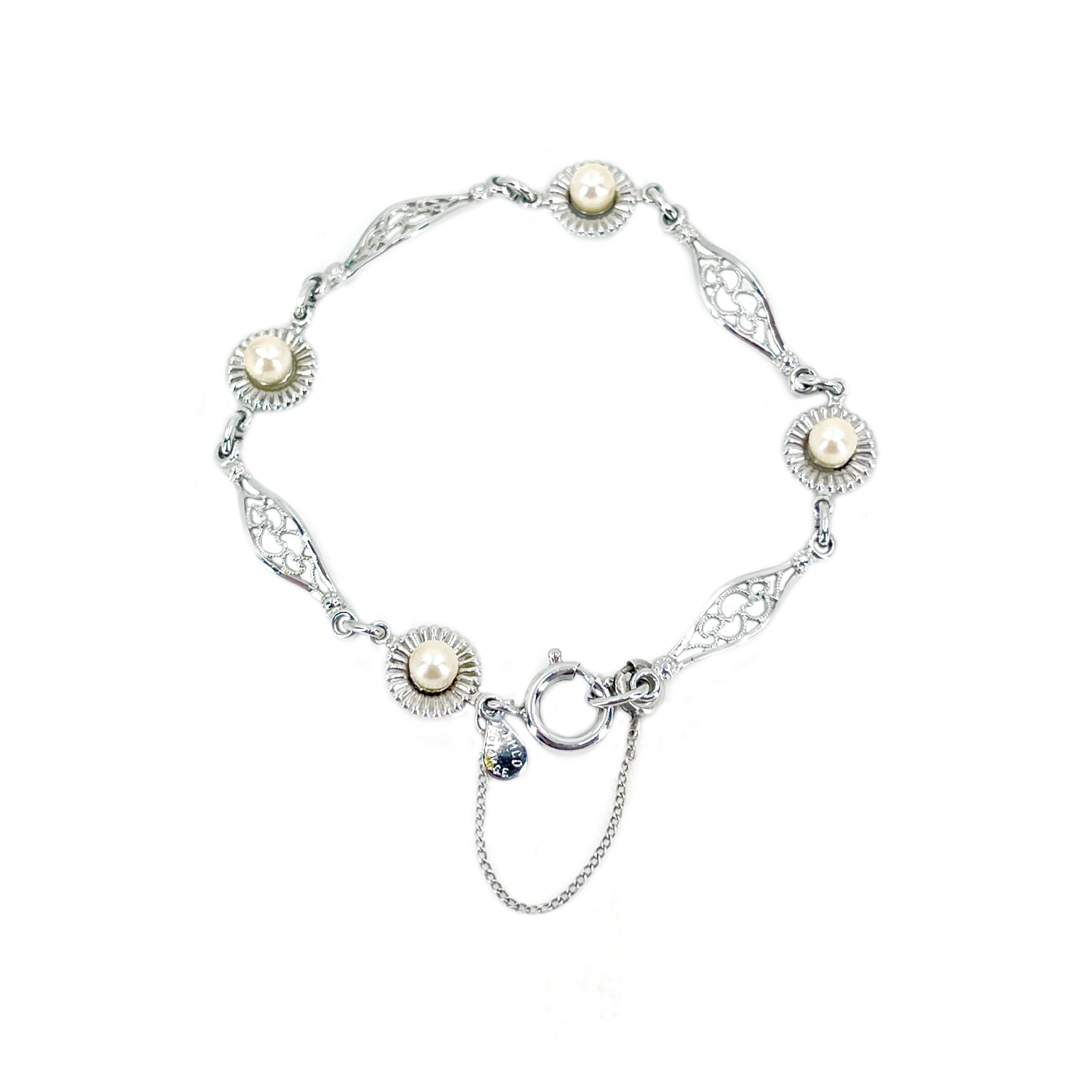Amco Boho Daisy Filigree Japanese Saltwater Akoya Cultured Pearl Vintage Bracelet- Sterling Silver White Gold Filled